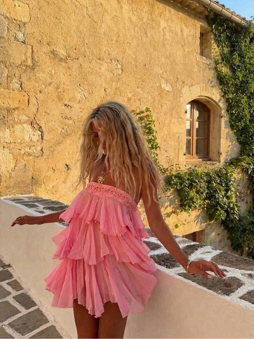 Strapless Pink Tiered Ruffle Mini Dress